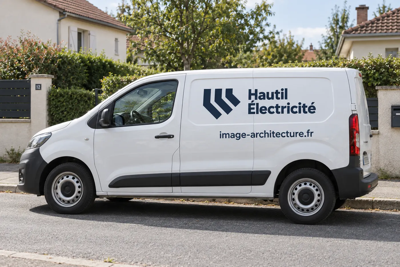 Camionnette blanche Hautil Électricité garée dans une rue résidentielle