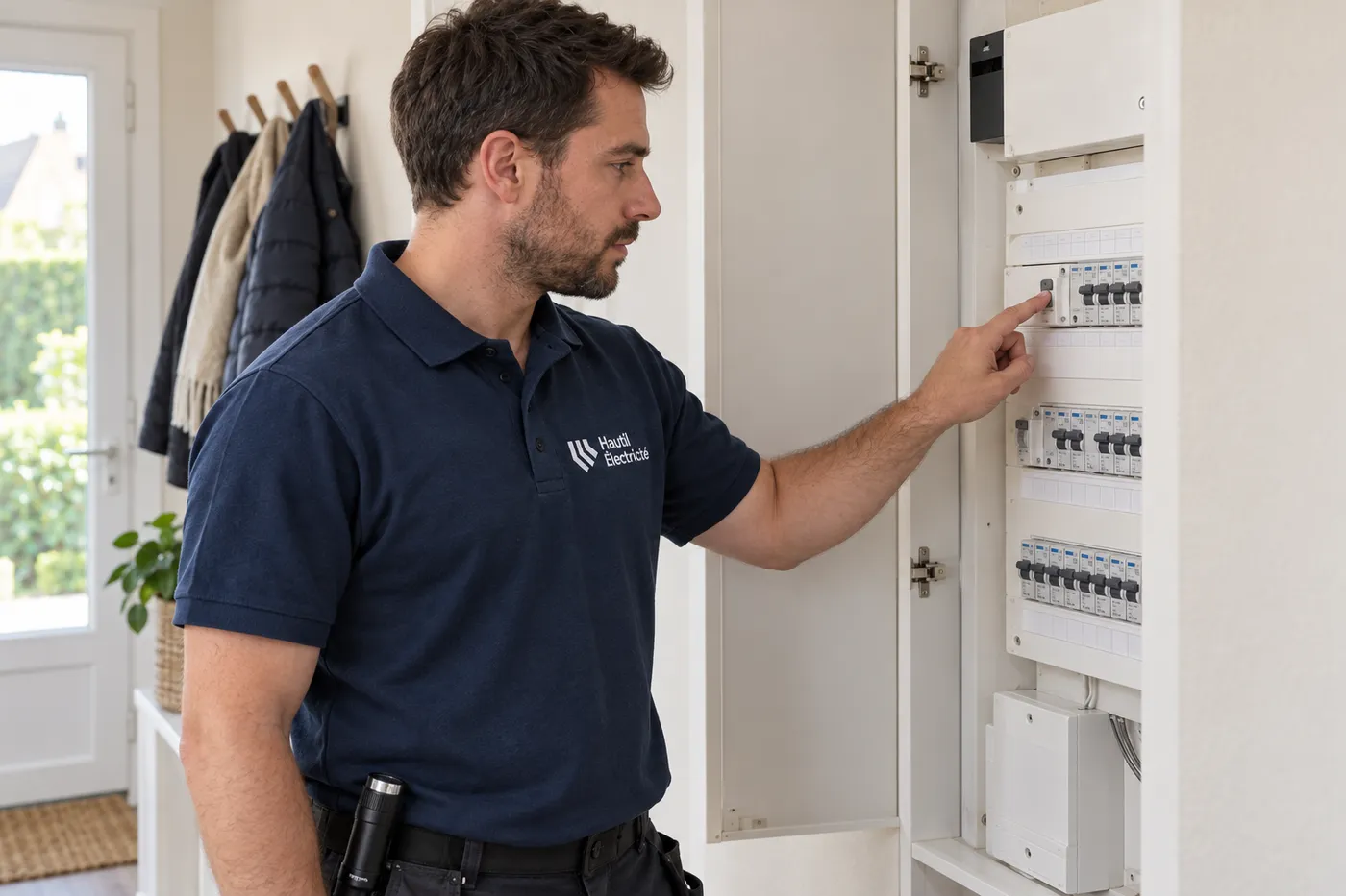 Électricien Hautil Électricité appuyant sur le bouton test d'un interrupteur différentiel dans le tableau d'une entrée