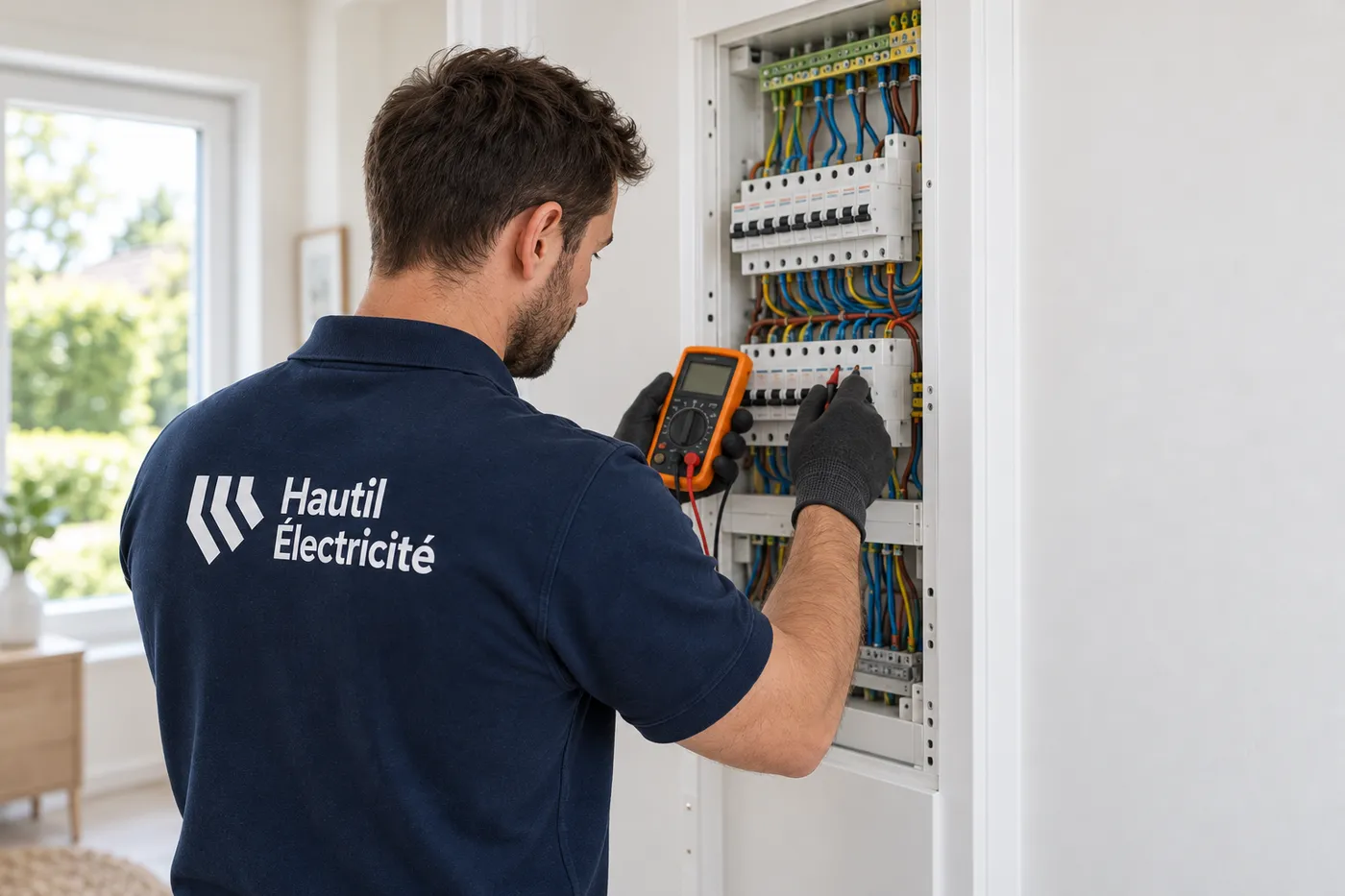 Électricien en polo Hautil Électricité contrôlant au multimètre un tableau électrique ouvert dans l'entrée d'une maison