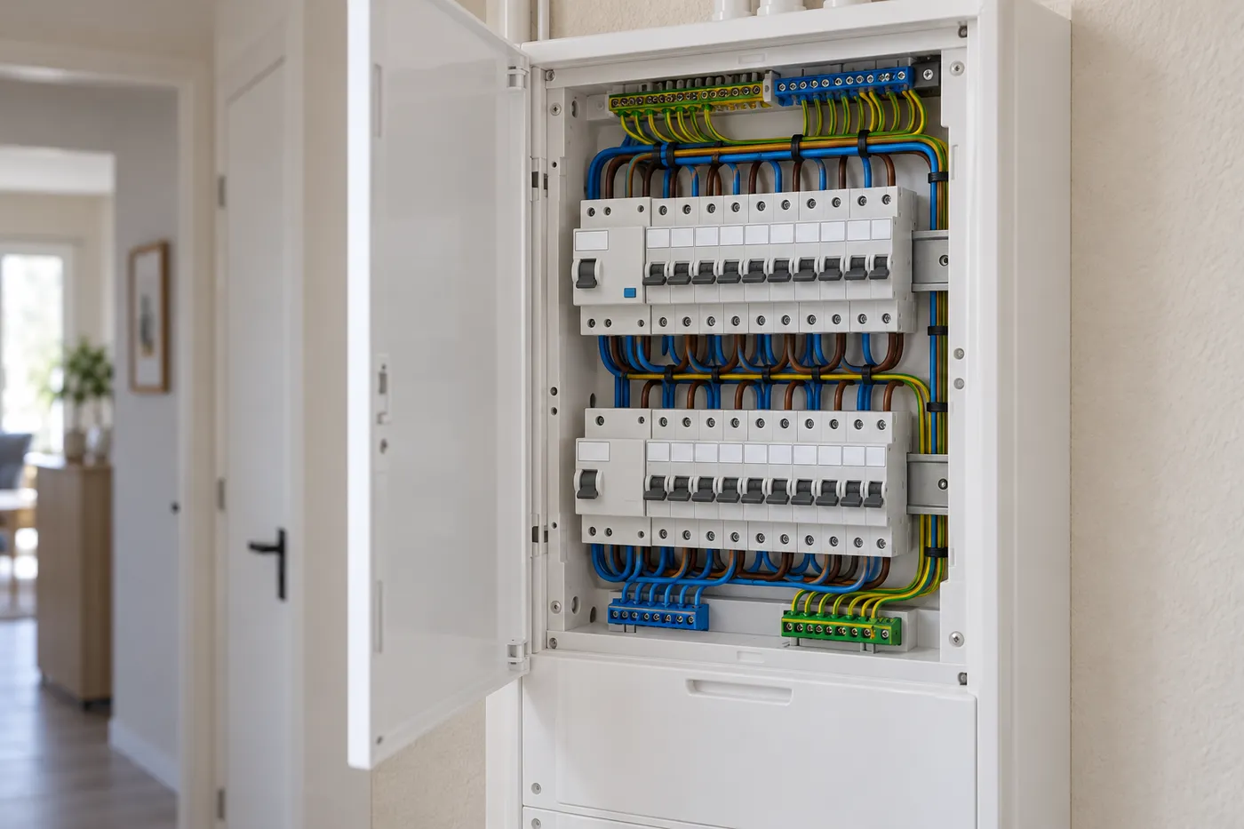 Tableau électrique neuf avec deux rangées de disjoncteurs modulaires et un câblage bleu, marron et vert-jaune bien rangé